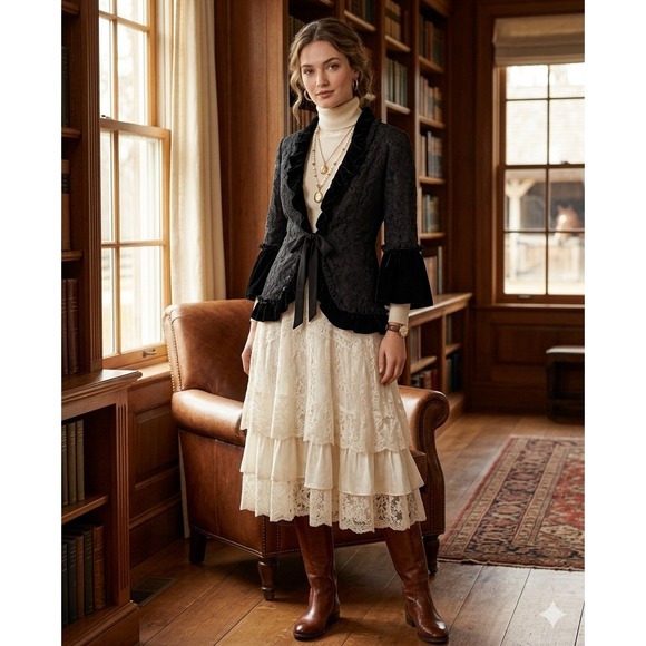 Nine West Jackets & Blazers - Nine West Black Lace Velvet Ruffle Jacket Open Front Tie Floral romantic Large